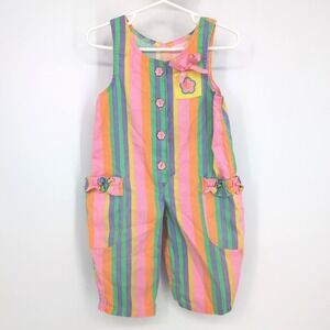 Vintage Girls Romper Multicolor Striped Flower Button Bow Ruffle Pockets 12M